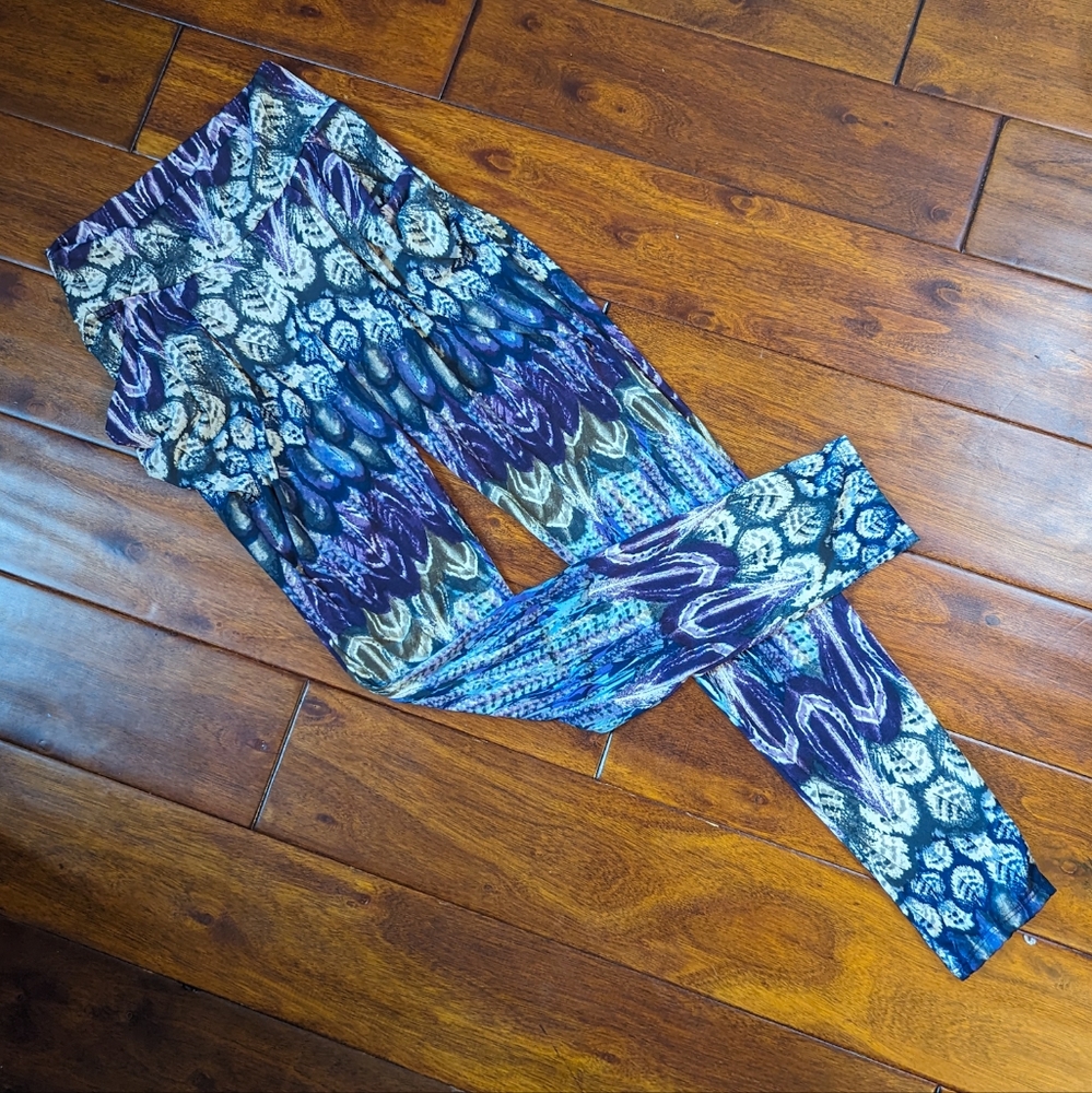 Slim Cut Flow Harem Pants by Flow Movement Marlo Fisken in Purple Feather Print